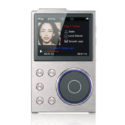 Emp3 Music Player in silver, front view