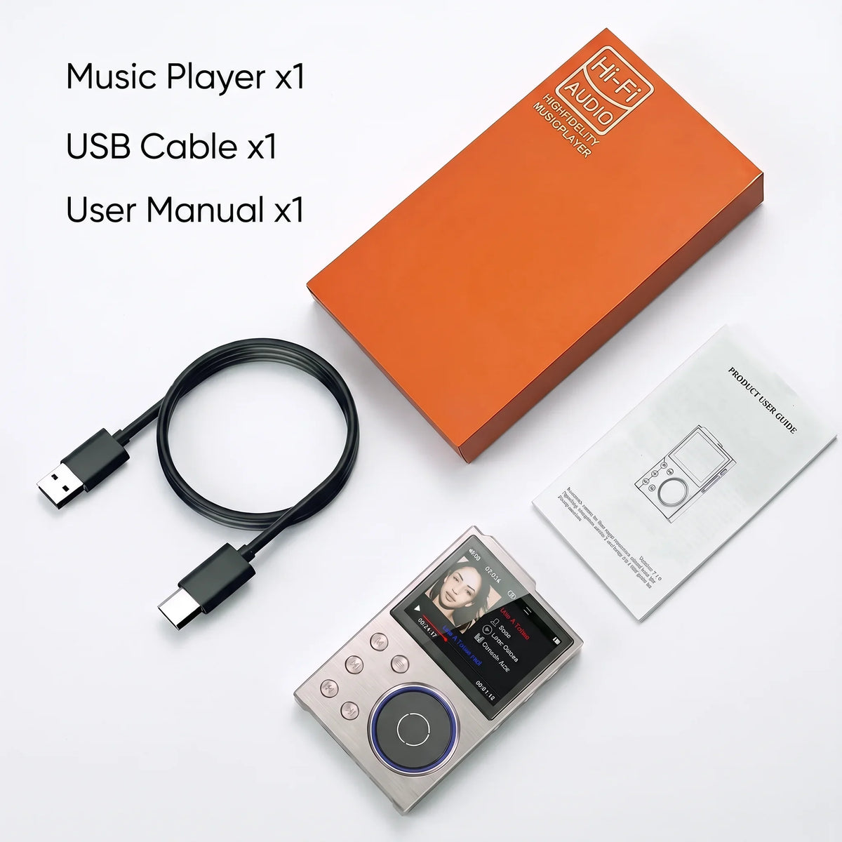 What is in the box: Emp3 Music Player, USB-C cable, user manual